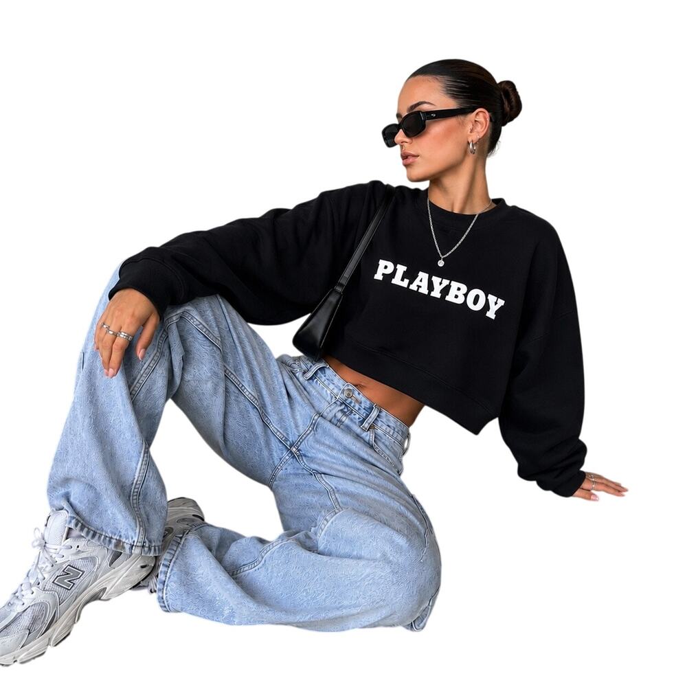 Playboy x Missguided Cropped Black Fleece Pullover Streetwear Gorpcore Y2K US 6